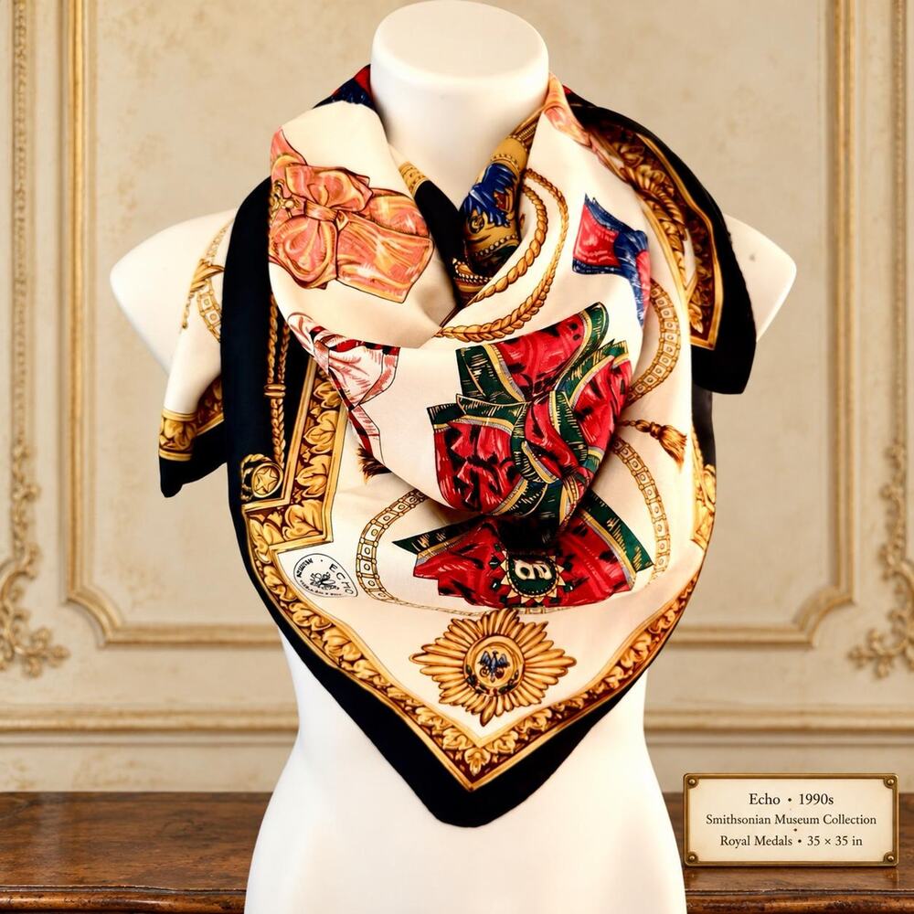 Vintage Echo 1990s Smithsonian Museum Collection Royal Medals Scarf Black 35x35